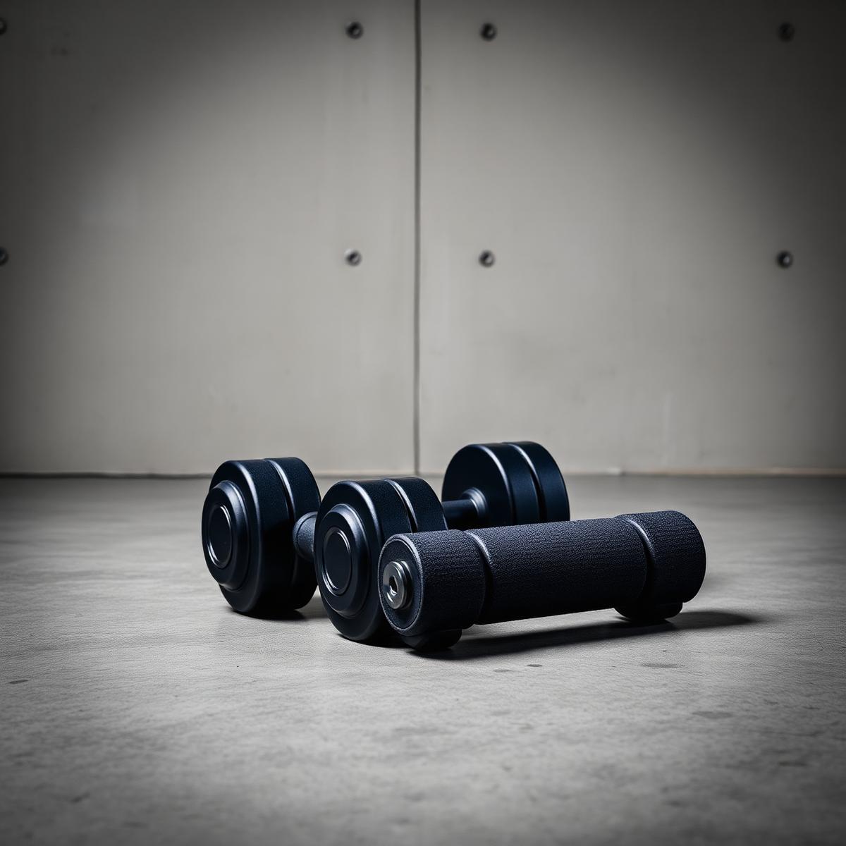 Matte black dumbbells and foam roller on concrete